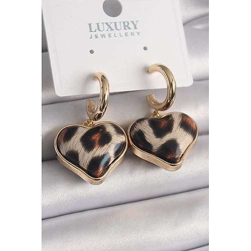 Pirin� Gold Renk 3D Kalp Leopar Model Kad�n K�pe