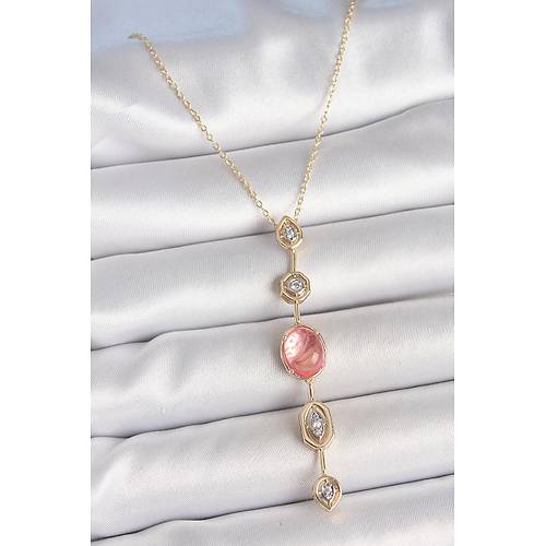 Pirin� Zincir Pembe Gold Renk Zirkon Ta�l� Y Kolye