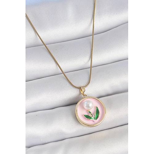 316L �elik Gold Renk Zincir Pembe Mineli �ncili �i�ek ��lemeli Portre Model Kad�n Kolye