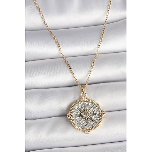 316L �elik Gold Renk Zirkon Ta�l� Pusula Model Kad�n Kolye