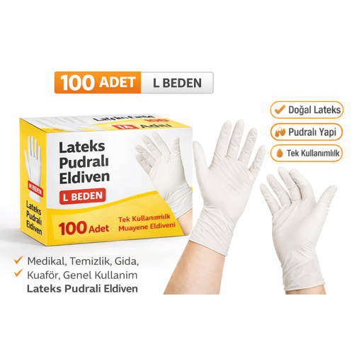 Lateks Pudral� Eldiven L Beden 100�l� 1 Kutu Tek Kullan�ml�k Muayene Eldiveni Do�al Lateks Koruyucu Eldiven