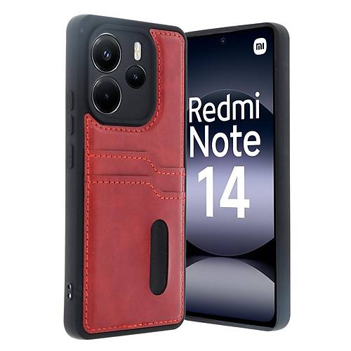 Redmi Note 14 4G K�l�f Sara Kartvizitli Deri K�l�f - K�rm�z�