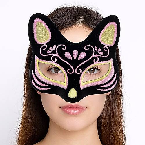 Siyah Renk S�et Kaplama �zeri Sar� Pembe Simli Kedi Maskesi 17x14 cm