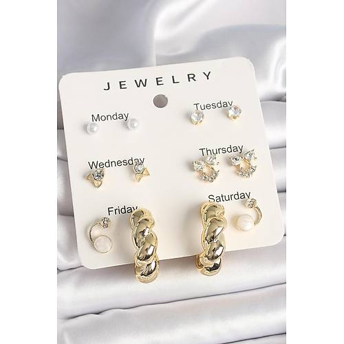 Pirin� Gold Renk Zirkon Ta�l� Sarmal Halka Model 7'Li Kad�n K�pe Seti