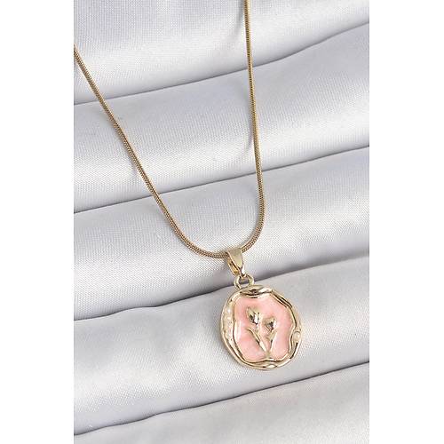 316L �elik Gold Renk Zincir Pembe Mineli �i�ek ��lemeli Portre Model Kad�n Kolye