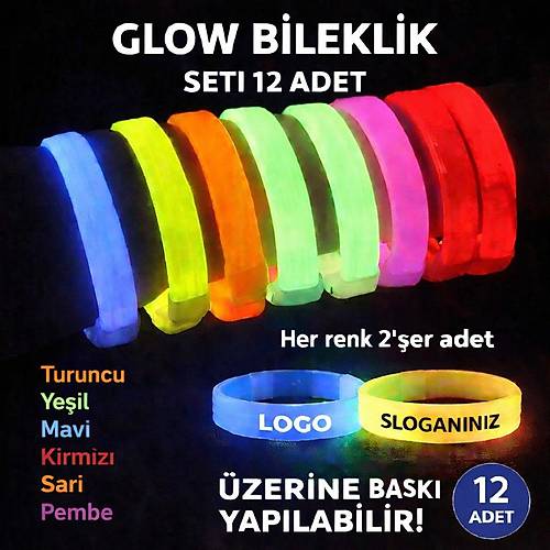 Glow Kal�n Bileklik 12�li Set | Bask�ya Uygun Renkli Model