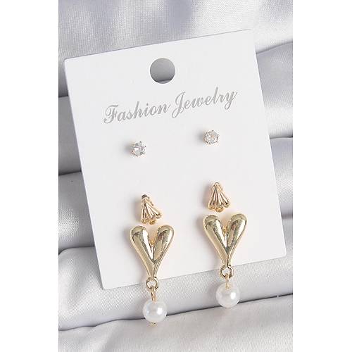 Pirin� Gold Renk Zirkon Ta�l� �ncili Sallant�l� Kalp Model 3 �ift Kad�n K�pe Seti