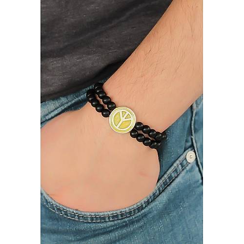 Sar� Metal Bar�� Simgesi Tasar�ml� Siyah Renk Mat Oniks Do�al Ta� Erkek Bileklik