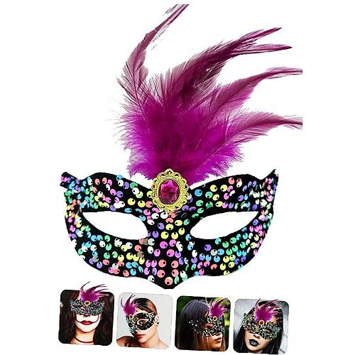 Siyah Kadife �zeri Rengarenk Payetli Pullu Pembe T�yl� Pembe Ta�l� Parti Maskesi 19x21 cm