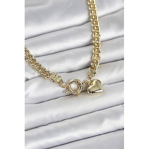 Kalp Detayl� Gold Renk Pirin� Kad�n Kolye