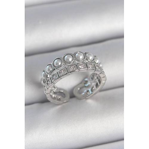 Pirin� G�m�� Renk 2'Li S�ra Zirkon Ta�l� Ve �ncili Ayarlanabilir Kad�n Y�z�k