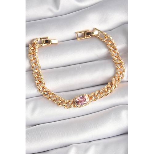 Pirin� Gold Renk Pembe Kare Zirkon Ta�l� VIP Seri Kad�n Bileklik