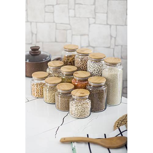 12'li Bambu Kapakl� Cam Kavanoz & Erzak Saklama Kab� Seti 3* 1.3 Lt + 0.80 Lt + 0.50 Lt(Vakum Kapak)