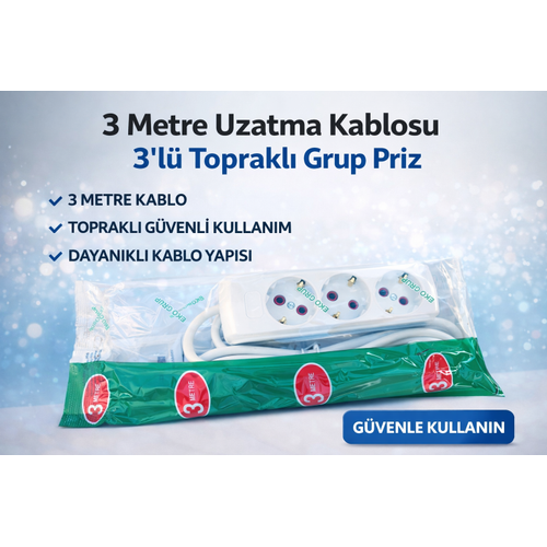 3 Metre Uzatma Kablosu 3�l� Toprakl� Grup Priz 16A Dayan�kl� Kablo