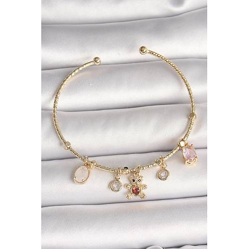 Pirin� Gold Renk Sallant� Zirkon Ta�l� Ay�c�k Fig�r K�rm�z� Kalp Detay Charm Kad�n Bileklik