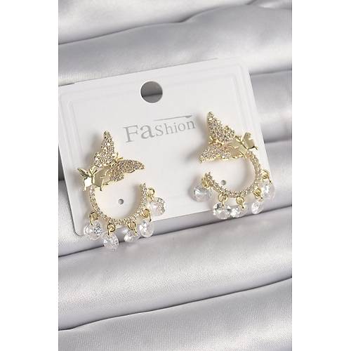 Pirin� Gold Renk Zirkon Ta�l� Sallant� Detay Kelebek Model Kad�n K�pe