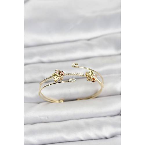 Gold Renk Pirin� Zirkon Ta�l� �i�ek Model Kad�n Bileklik
