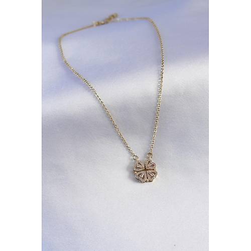 316L �elik Gold Renk A��l�r Zirkon Ta�l� Yonca Model Kad�n Kolye