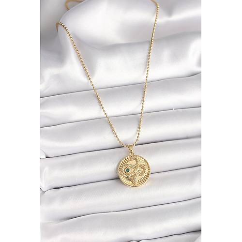 316L �elik Gold Renk Top�uk Zincir Y�lan ��lemeli Zirkon Ta� Detayl� Madalyon Model Kad�n Kolye