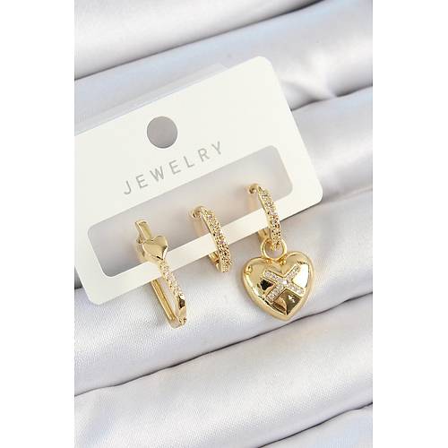 Pirin� Zirkon Ta�l� Kalp Model Gold Renk 3'l� �ift Kad�n K�pe Set