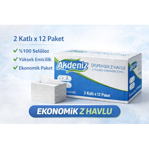 Akdeniz Dispenser Z Havlu 2 Katl� 12 Paket | %100 Sel�loz | Ekonomik Z Katl� Ka��t Havlu