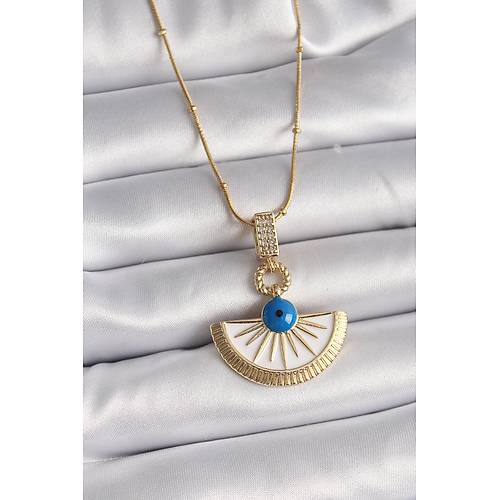 316L �elik Gold Renk Zincir Zirkon Ta� Detayl� Nazar Boncuk G�z Model Kad�n Kolye