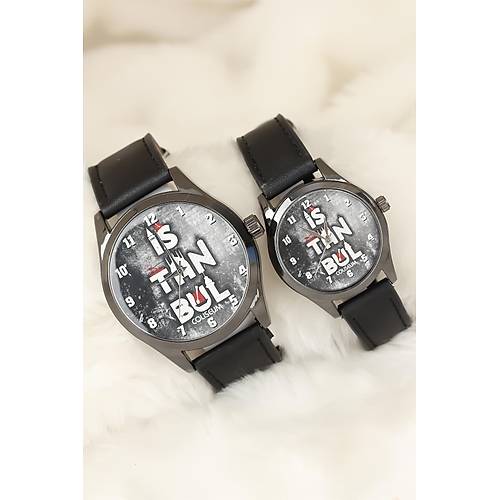 Siyah Renk Deri Kordonlu �stanbul Tasar�ml� Sevgili Saatleri