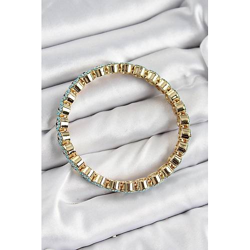 Pirin� Zirkon Ta�l� Turkuaz Nazar Model Gold Renk Lastikli Kad�n Bileklik