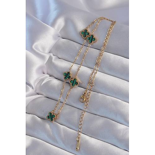 316L �elik Gold Renk Minimal Ye�il Mineli Yonca Kolye