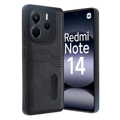 Redmi Note 14 4G K�l�f Sara Kartvizitli Deri K�l�f - Siyah