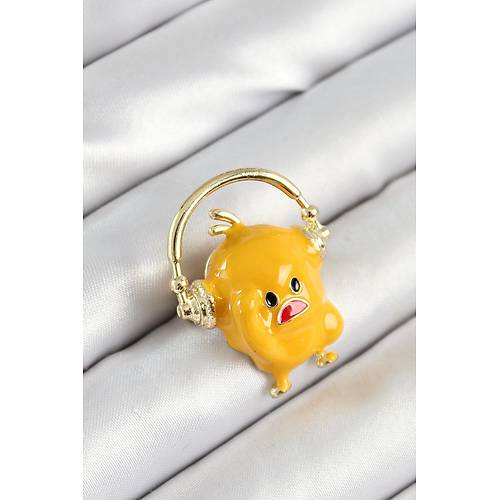 3D Kulakl�kl� Sar� Civciv Fig�rl� Gold Renk Kad�n Bro�