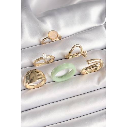 Pirin� Gold Renk Zirkon Ta�l� Daire Pembe Mineli Detay 6'L� Kad�n Y�z�k Seti