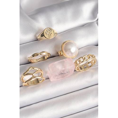 Pirin� Gold Renk Daire 3D �ncili Fig�r Zincir Model G�l ��leme Detayl� 6'L� Kad�n Y�z�k Seti