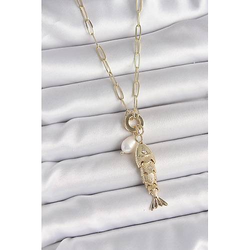 �nci Detayl� Zirkon Ta�l� Bal�k Fig�rl� Gold Renk Pirin� Kolye
