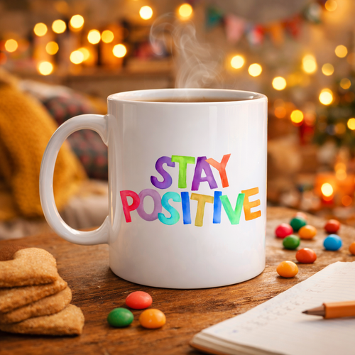 Stay Positive Bask�l� Porselen Kupa MODEL 158 � Renkli Motivasyon Yaz�l� Kahve Kupas� � Pozitif Mesajl� Hediye Kupa