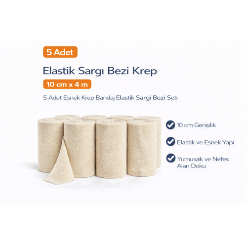 Elastik Sarg� Bezi Krep 10 cm x 4 m 5 Adet Esnek Krep Bandaj Elastik Sarg� Bezi Seti