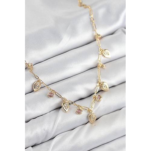 Pirin� Zirkon Ta�l� Sallant�l� Damla Model Gold Renk Kad�n Kolye