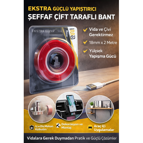 VHB Akrilik Silikon Bant 18mm x 2 Metre �effaf �ift Tarafl� G��l� Yap��t�r�c� Bant
