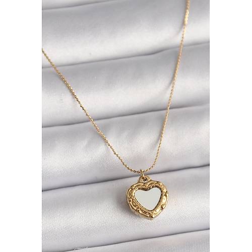 316L �elik Gold Renk Zincir Sedefli Kalp Model Kad�n Kolye