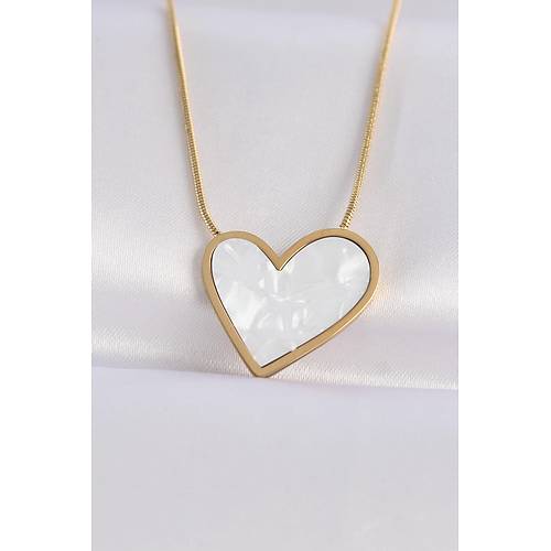 316L �elik Zincir Alt�n Renk Mermer Desenli Kalp Kolye