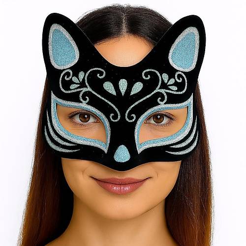 Siyah Renk S�et Kaplama �zeri G�m�� Mavi Simli Kedi Maskesi 17x14 cm