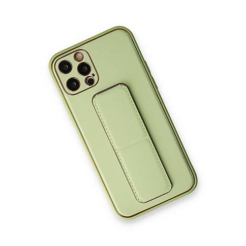 iPhone 12 Pro K�l�f Coco Deri Standl� Kapak - Su Ye�ili