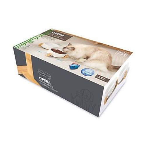Opera Bamboo Standl� Seramik Kedi Mama Kab� Beyaz 2x850 Ml