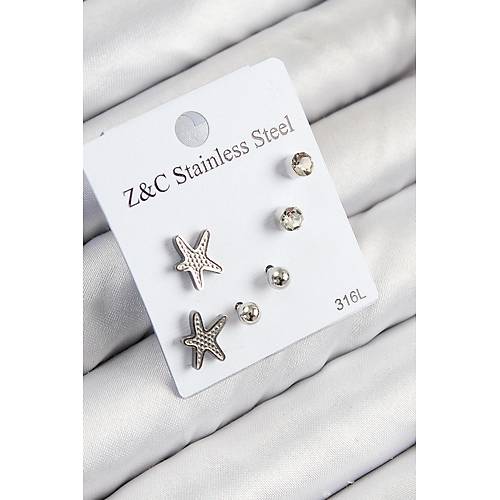 316L �elik Zirkon Ta�l� Deniz Y�ld�z� Model G�m�� Renk Kad�n Set K�pe