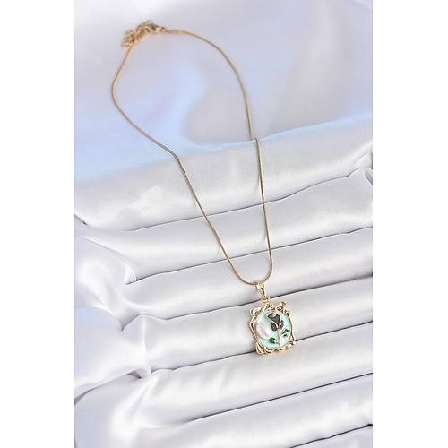 316L �elik Gold Renk Zincir Mavi Mineli �i�ek ��lemeli �nci Detay Portre Model Kad�n Kolye