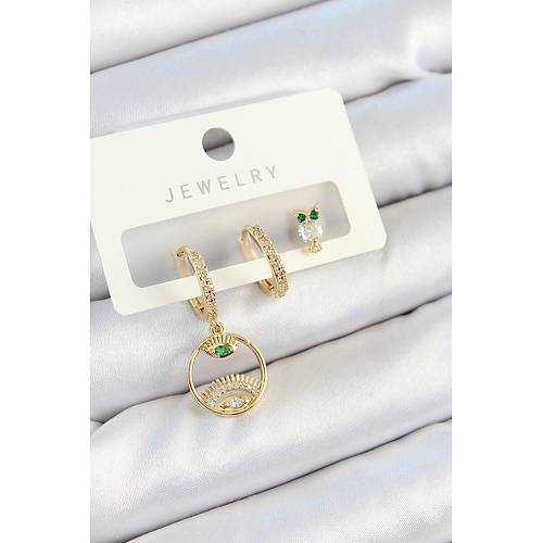Pirin� Zirkon Ta�l� G�z Ve Bayku� Model Gold Renk 3'l� �ift Kad�n K�pe Set