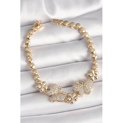 Pirin� Gold Renk Zirkon Ta�l� Kelebek Fig�r �i�ek Zincir Model Kad�n Bileklik