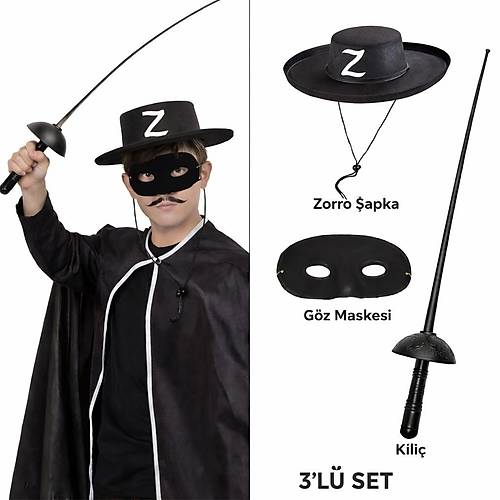 Zorro Kost�m Seti 3�l� �ocuk � �apka, Maske ve K�l��