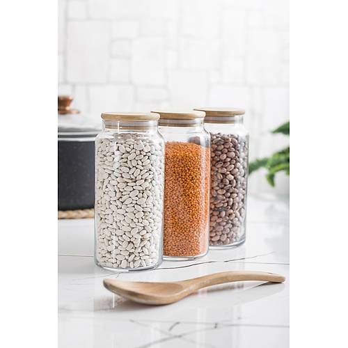 3'l� Bambu Kapakl� Cam Kavanoz & Erzak Saklama Kab� Seti 1.300 ml B�y�k Boy ( Vakum Kapak )
