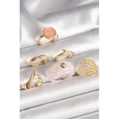 Pirin� Gold Renk Pembe Plastik Y�z�k Model Daire Pembe Mine Y�lan Detay 6'L� Kad�n Y�z�k Seti